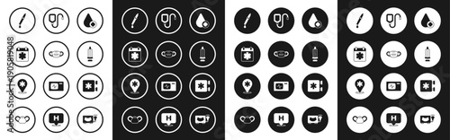 Set Donate drop blood, Medical protective mask, Doctor appointment, Pipette, Syringe, IV bag, Emergency - Star of Life and Location hospital icon. Vector