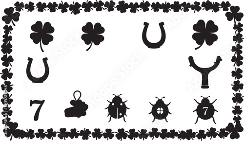 "Black silhouette illustration of lucky symbols including four leaf clovers, horseshoes, slingshot, number seven, rabbit’s foot and ladybugs with clover and seven markings, decorative artwork of super