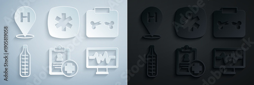 Set Patient record, X-ray shots with broken bone, Medical thermometer, Monitor cardiogram, Emergency Star of Life and Location hospital icon. Vector