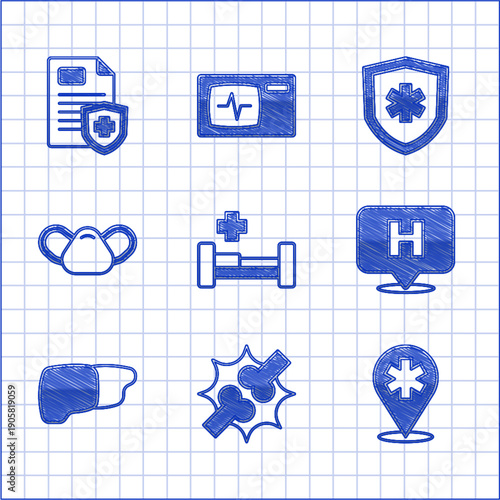 Set Hospital bed, Joint pain, knee pain, Location hospital, Human organ liver, Medical protective mask, Life insurance and Patient record icon. Vector