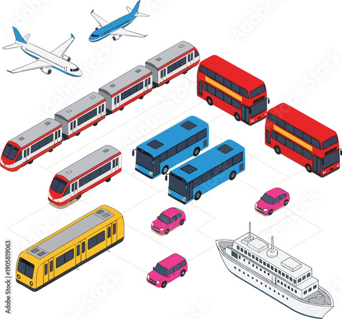 Isometric public transport set with buses trains airplanes cars and passenger ship