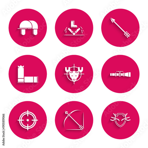 Set Hunt on moose with crosshairs, Bow and arrow in quiver, Deer antlers shield, Sniper optical sight, Target sport for shooting competition, Cartridges, Hipster and Hunter hat icon. Vector