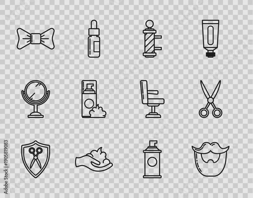 Set line Scissors hairdresser and shield, Mustache beard, Classic Barber shop pole, Shaving gel foam on hand, Bow tie, and icon. Vector