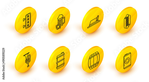 Set line Beer can, Wooden barrel, Metal beer keg, Musical instrument trumpet, Hotdog sandwich with mustard, Oktoberfest hat, Glass of hop and Street signboard inscription icon. Vector