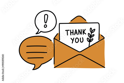 Handwritten thank you note in an open envelope with a speech bubble and exclamation mark