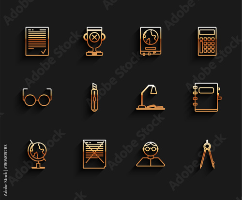 Set line Earth globe, Exam paper with incorrect answers survey, sheet check mark, Student, Drawing compass, Stationery knife, Notebook and Workplace table lamp and open icon. Vector