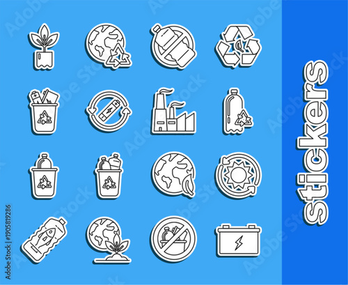 Set line Car battery, Solar energy panel, Recycling plastic bottle, No, Battery with recycle symbol line, Recycle bin, Plant and Factory icon. Vector