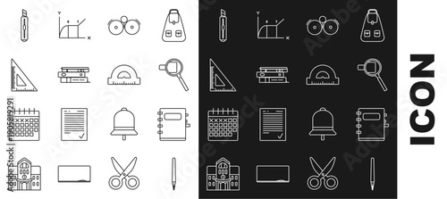Set line Pen, Notebook, Magnifying glass, Ringing alarm bell, Office folders with papers and documents, Triangular ruler, Stationery knife and Protractor grid for measuring degrees icon. Vector