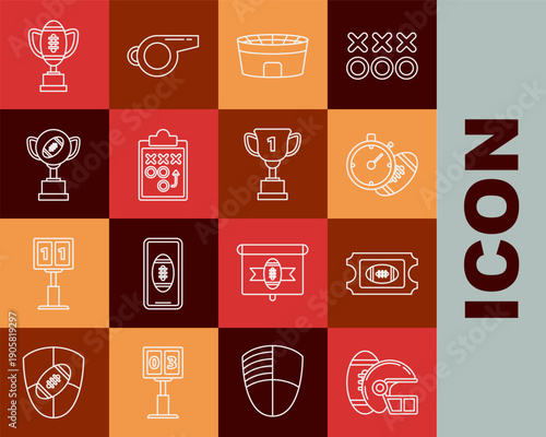 Set line American Football ball and helmet, ticket, stopwatch, stadium, Planning strategy concept, Award cup football, and icon. Vector