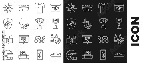 Set line Soccer or football shoes with spikes, Binoculars and american, American goal post, jersey, Number 1 one fan hand glove finger raised, Football shield, and Award cup icon. Vector