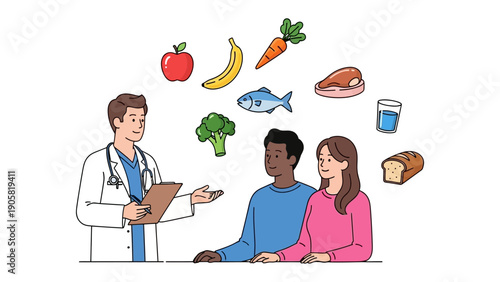 Health Consultation: A medical professional provides dietary advice to a couple, showcasing the importance of balanced nutrition through a visual representation of various healthy food choices.