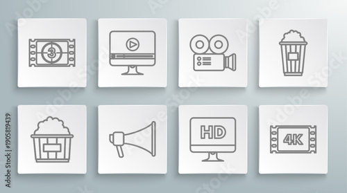 Set line Popcorn in cardboard box, Online play video, Megaphone, Computer PC monitor with HD technology, 4k movie, tape, frame, Cinema camera, and Play Video icon. Vector