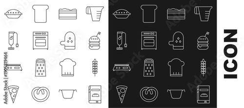Set line Cookbook, Cereals with rice, wheat, corn, oats, rye, Burger, Brownie chocolate cake, Oven, Blender, Homemade pie and glove icon. Vector