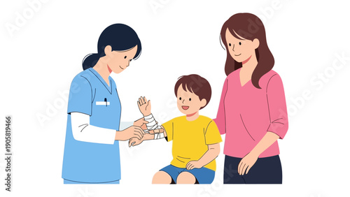 Caring Hands: A child receives gentle care, their injured arm carefully bandaged by a medical professional while comforted by the presence of a supportive parent.
