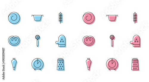 Set line Pastry bag for decorate cakes, Kitchen timer, Roll bun with cinnamon, Grater, Strainer spoon, Oven glove, Pretzel and Cooking pot icon. Vector