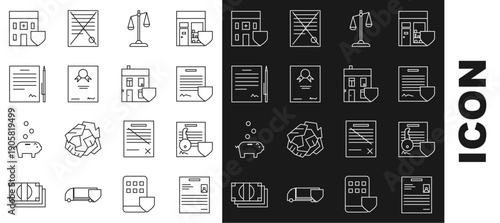 Set line Personal document, Document with key with shield, Contract, Scales of justice, Certificate template, pen, Medical hospital building and House icon. Vector