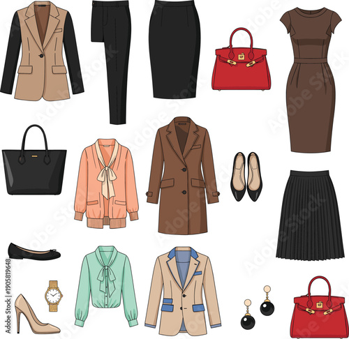 Women business wardrobe set with office clothes handbags shoes accessories and outfits