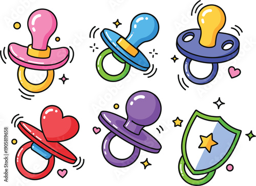 Colorful vector illustrations of cute baby pacifiers and a safety shield for infant care and parenting concepts।