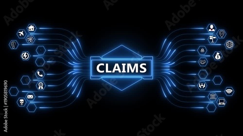 Insurance claims network animation with glowing data connections and technology icons, digital claims processing and verification workflow concept
