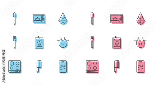 Set line Gas stove, Meat chopper, Spoon, Cutting board, Cookbook, Kitchen apron, Fork and Microwave oven icon. Vector
