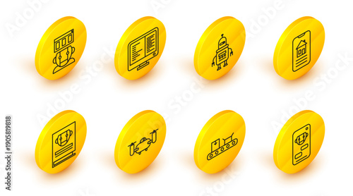 Set line Bot, Conveyor belt with cardboard box, Drone flying action camera, User manual, Smart home, Robot, Computer monitor screen and icon. Vector