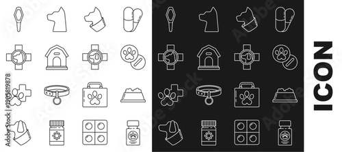 Set line Dog medicine bottle and pills, Pet food bowl, Cat, house, Veterinary clinic symbol, Pets vial medical and icon. Vector