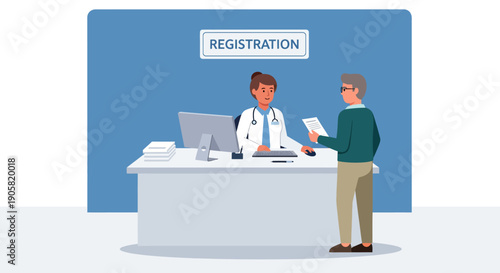 Doctor and patient at a hospital registration desk, discussing medical records and appointments