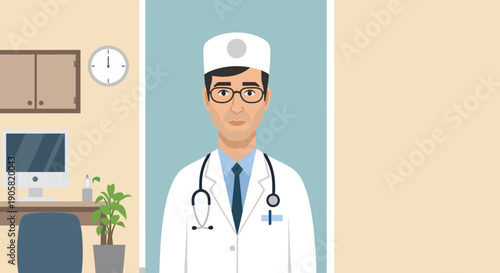 Male doctor wearing a white coat and stethoscope, standing in a clinic with a computer and clock on the wall