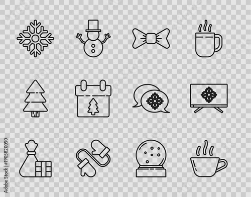 Set line Gift box and bag, Coffee cup, Bow tie, Pair knitted christmas mittens, Snowflake, Calendar, Christmas snow globe with fallen snow and Merry on television icon. Vector