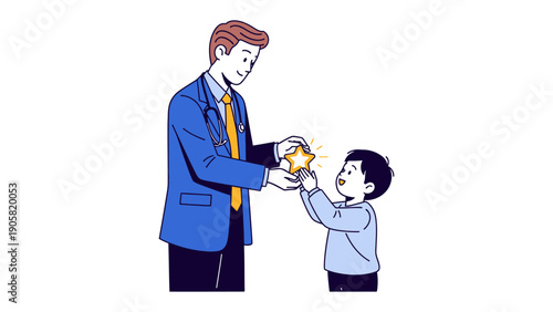 A Gift of Kindness: A caring practitioner bestowing a radiant golden star upon an appreciative child, an illustration of compassion.
