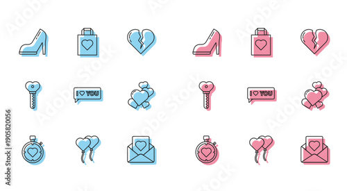 Set line Heart in the center stopwatch, Balloons form of heart, Woman shoe with high heel, Envelope, Speech bubble I love you, Key shape and Shopping bag icon. Vector