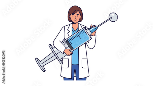 Healthcare Professional with Giant Syringe: A determined healthcare professional stands ready, gripping an oversized syringe, symbolizing a commitment to vaccination, health, and medical advancement.