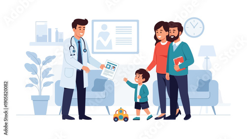Doctor's Appointment: A young boy and his family interact with a doctor in a medical office, with a cheerful demeanor. A reassuring image for medical or healthcare imagery.