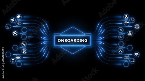 Employee onboarding network animation with glowing data connections and technology icons, digital hiring integration and training process concept