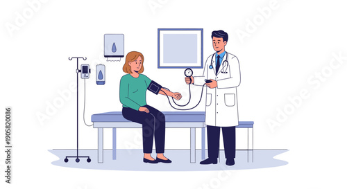 Doctor checking female patient's blood pressure during a routine medical examination in a clinic, a health and wellness flat vector illustration for essential healthcare