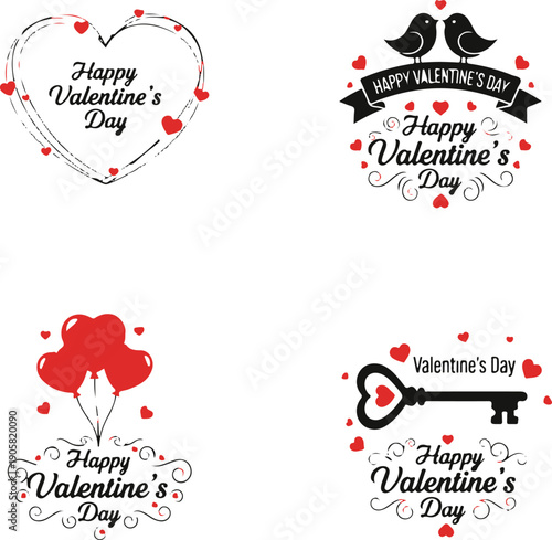 Ultimate Valentine's Day Design Megapack Featuring Elegant Floral Heart Frames, Romantic Lovebirds, Coffee and Rocket-Themed Badges, and Red "Always & Forever" Vector Illustrations