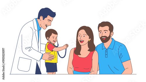 Child's Play Examination: A young child playfully examines a doctor with a stethoscope, watched over with smiles by their supportive parents.