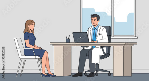 A professional male doctor provides medical consultation and health advice to an adult female patient in a modern office, emphasizing personalized care and routine check-up appointments