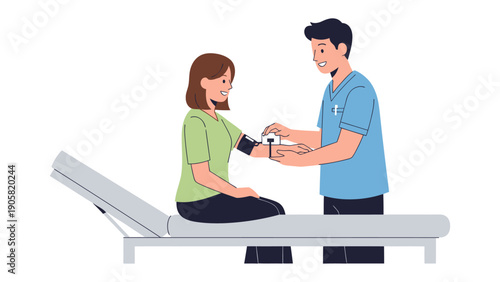 Patient Checkup Illustration: A health worker measures the blood pressure of a patient, sitting on an examination table, the scene representing a routine medical checkup.