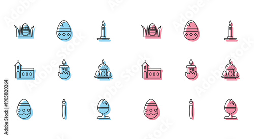 Set line Easter egg, Paint brush, Chicken on stand, Burning candle, cake eggs, Church building and Cracked icon. Vector