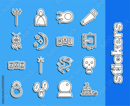 Set line Witch cauldron and magic stone, Skull, Ancient book, Fireball, Moon stars, Dream catcher with feathers, Neptune Trident and Three tarot cards icon. Vector