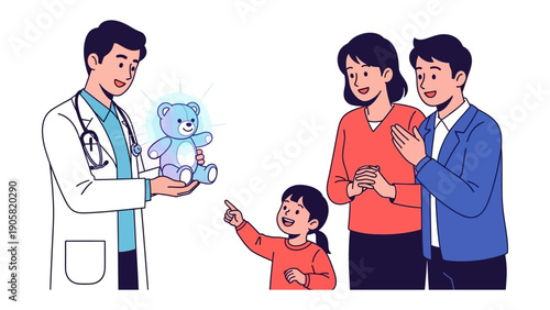 Doctor and Family with Toy: A caring doctor presents a radiant teddy bear to a joyful child, witnessed by loving parents. A scene filled with warmth and reassurance.