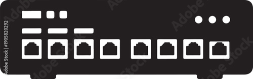 Black network switch with multiple R J45 ports and indicator lights ethernet router modem internet d