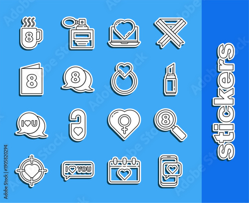 Set line Online dating app and chat, Search 8 March, Lipstick, speech bubble, Greeting card with, Coffee cup and Wedding rings icon. Vector