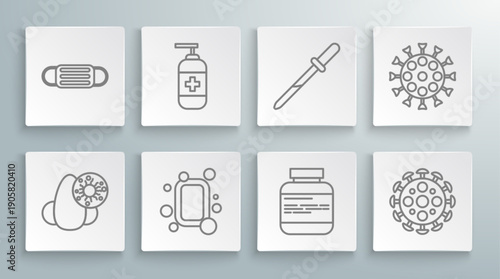 Set line Runny nose and virus, Bottle of liquid antibacterial soap, Bar, Medicine bottle pills, Virus, Pipette, and Medical protective mask icon. Vector