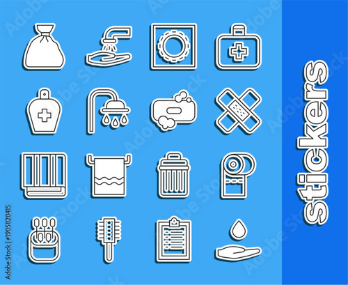 Set line Washing hands with soap, Toilet paper roll, Crossed bandage plaster, Condom package safe sex, Shower head, Bottle of liquid antibacterial, Garbage bag and Bar icon. Vector