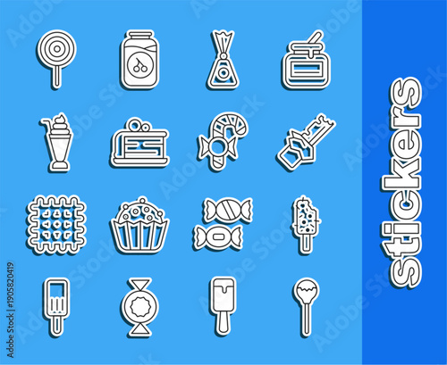 Set line Lollipop, Ice cream, Bitten chocolate bar, Candy, Piece of cake, Milkshake, and Christmas candy cane icon. Vector