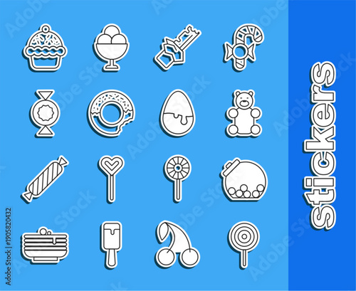 Set line Lollipop, Glass jar with candies inside, Jelly bear candy, Bitten chocolate bar, Donut, Candy, Cupcake and Chocolate egg icon. Vector