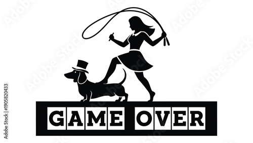 A silhouette of a woman with a dog on a leash, skipping rope, with the text game over Vector