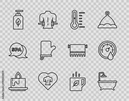 Set line Aroma candle, Bathtub, Sauna thermometer, Massage, Essential oil bottle, mittens, Cup of tea leaf and icon. Vector